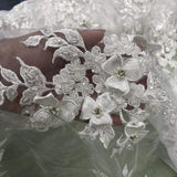 1 Yard 3D Beaded Floral Lace Fabric with Rhinestones – Embroidered Mesh with Scalloped Edges