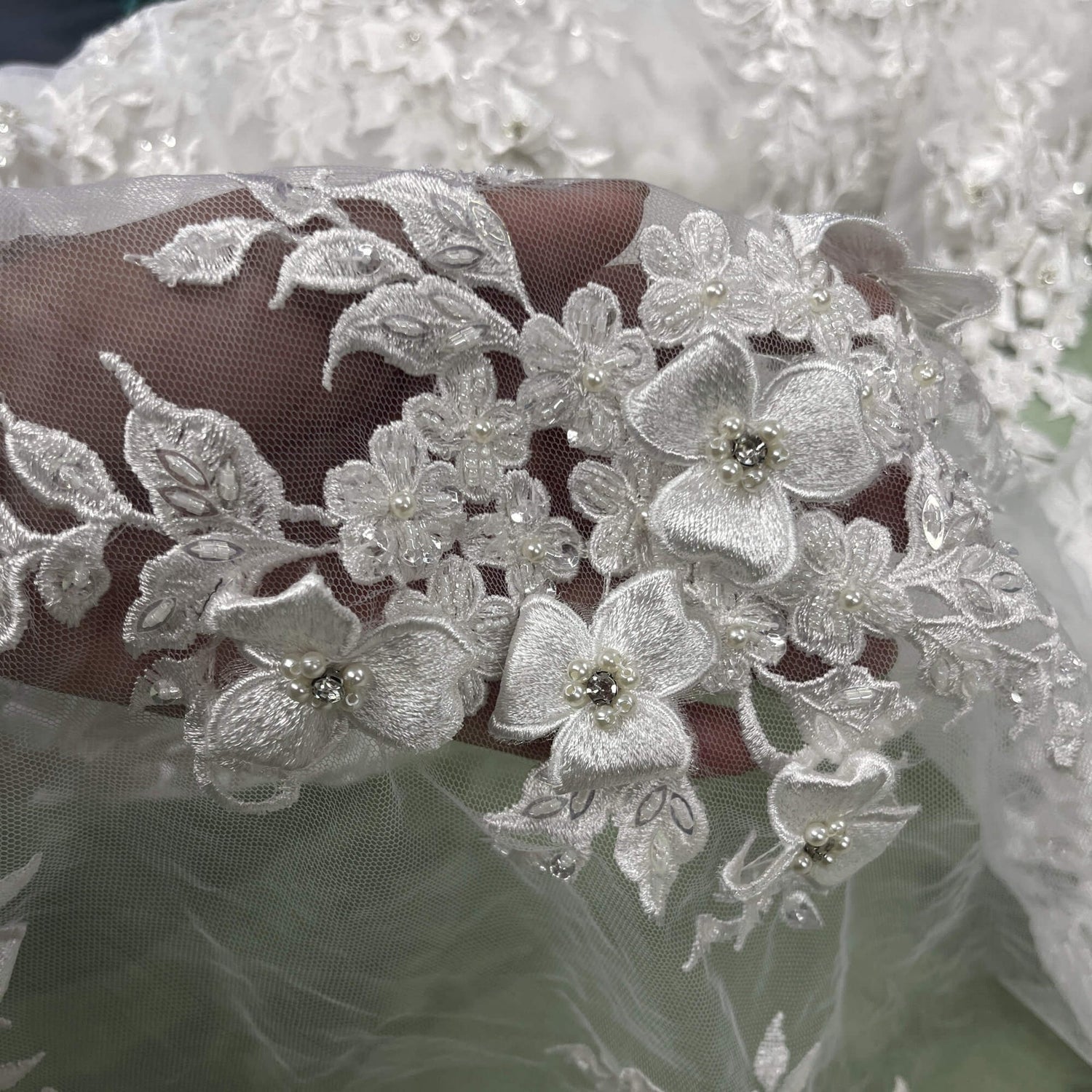 1 Yard 3D Beaded Floral Lace Fabric with Rhinestones, 51" Wide Embroidered Mesh