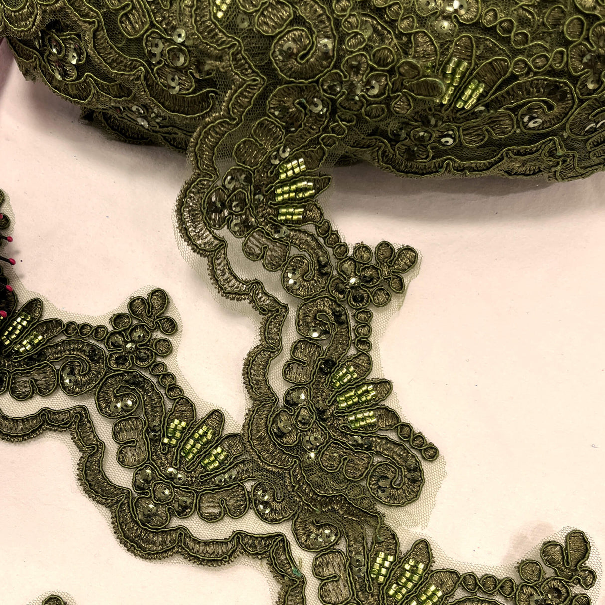 Beaded Corded Lace Trim on Net Mesh