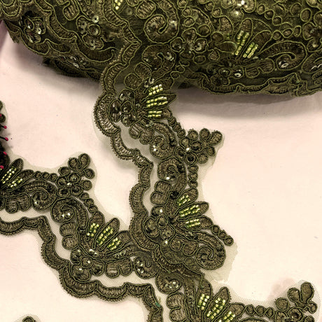 Beaded Corded Lace Trim on Polyester Net Mesh 3" Wide