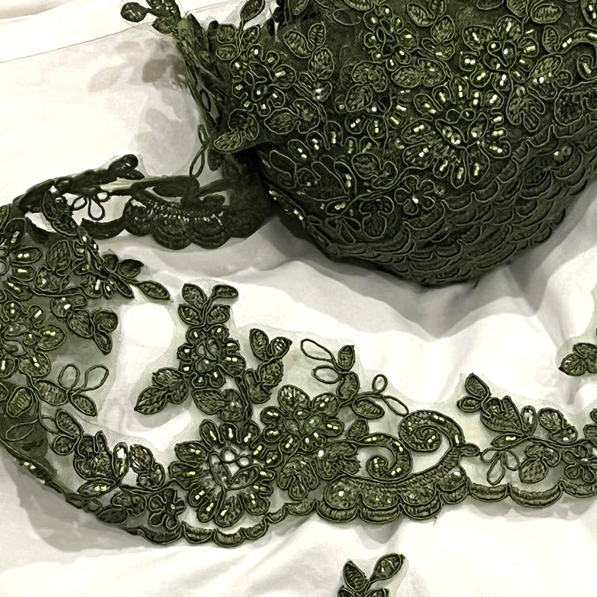 Beaded Corded Lace Trim on Polyester Net Mesh