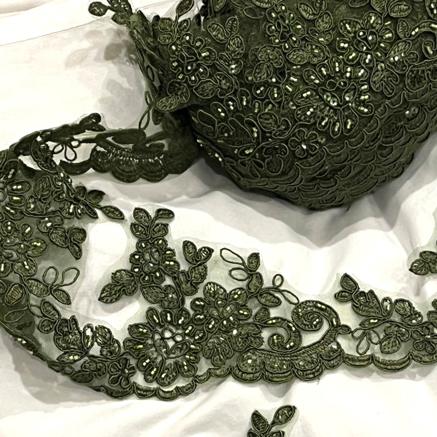 Beaded Corded Lace Trim on Polyester Net Mesh