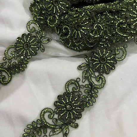 Beaded Corded Lace Trim on Polyester Net Mesh