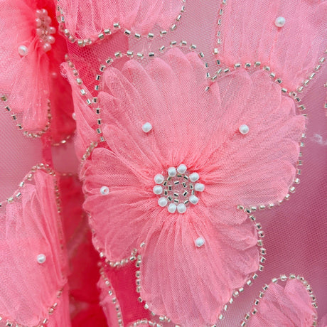 Beaded 3D Floral Lace Fabric - 3D Floral Embroidered Net Mesh, 52" Wide (1 Yard)