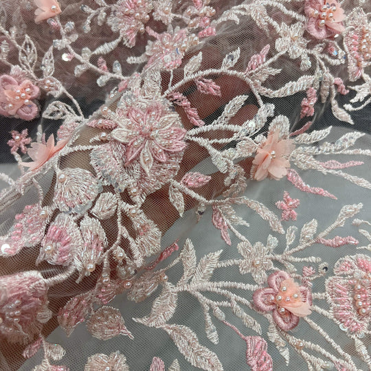 1 Yard Beaded 3D Floral Lace Fabric Rhinestone Embroidered 100 Percent Polyester Net Mesh 51 inch Width