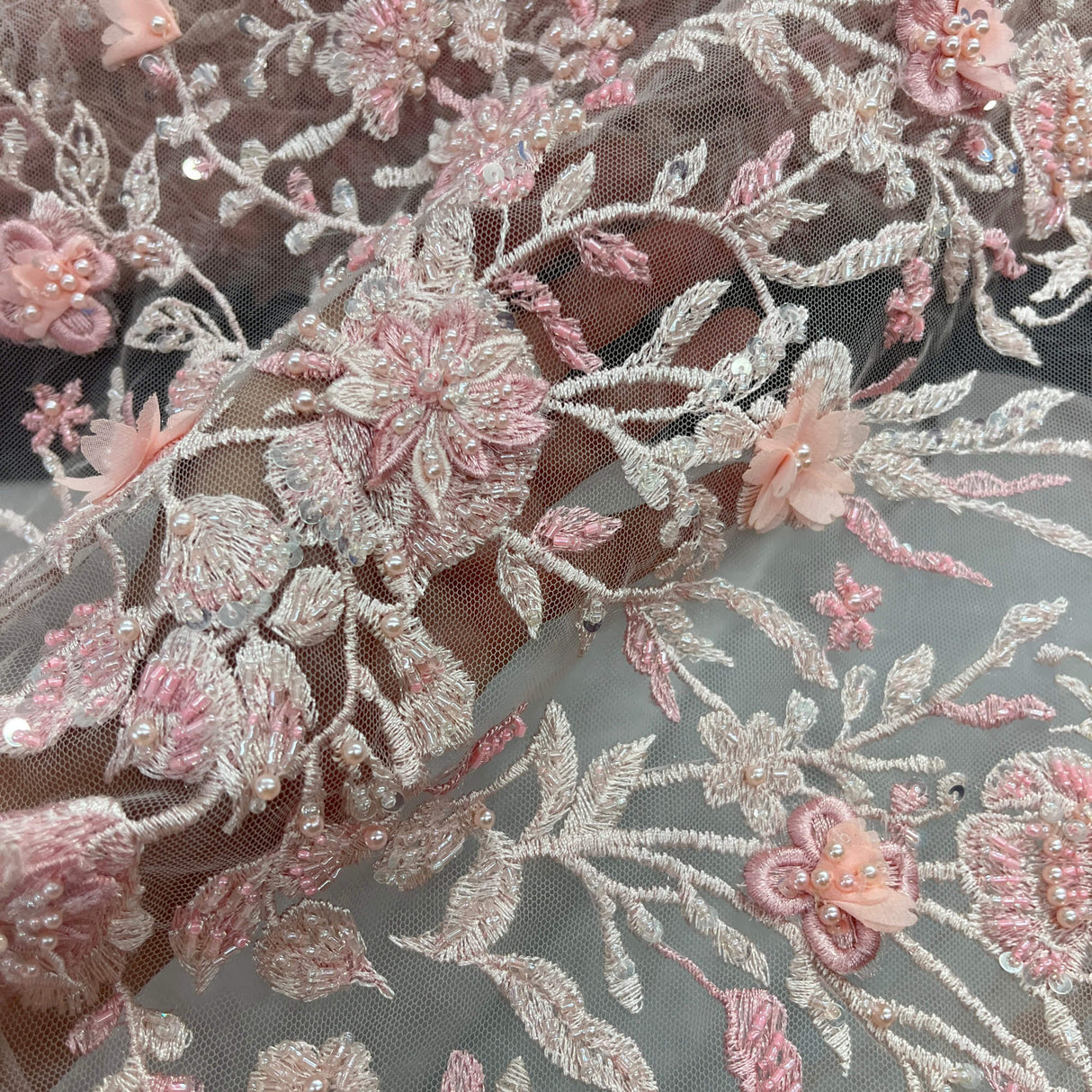 Beaded 3D Floral Lace Fabric