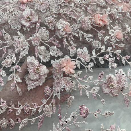 Beaded 3D Floral Lace Fabric Off White