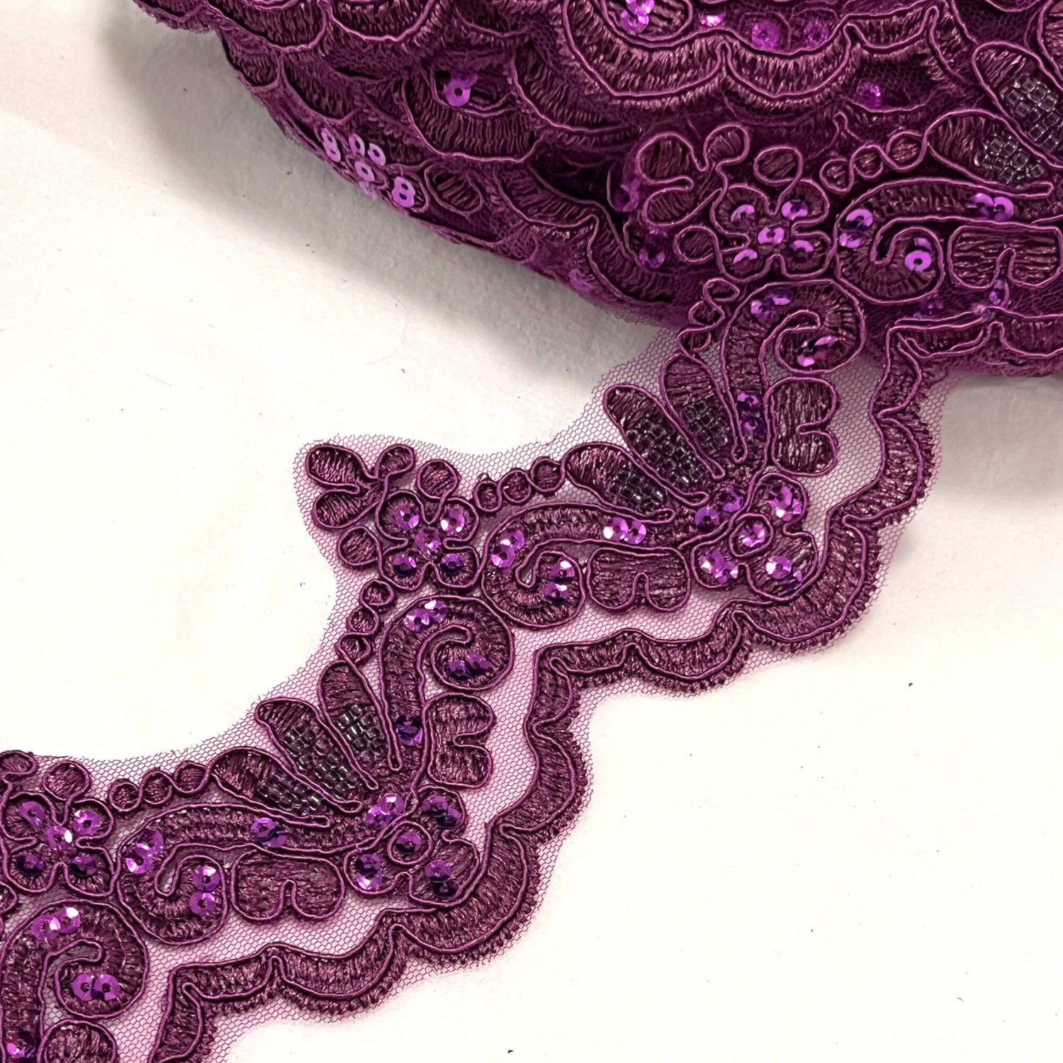 Beaded Corded Lace Trim on Polyester Net Mesh 3" Wide