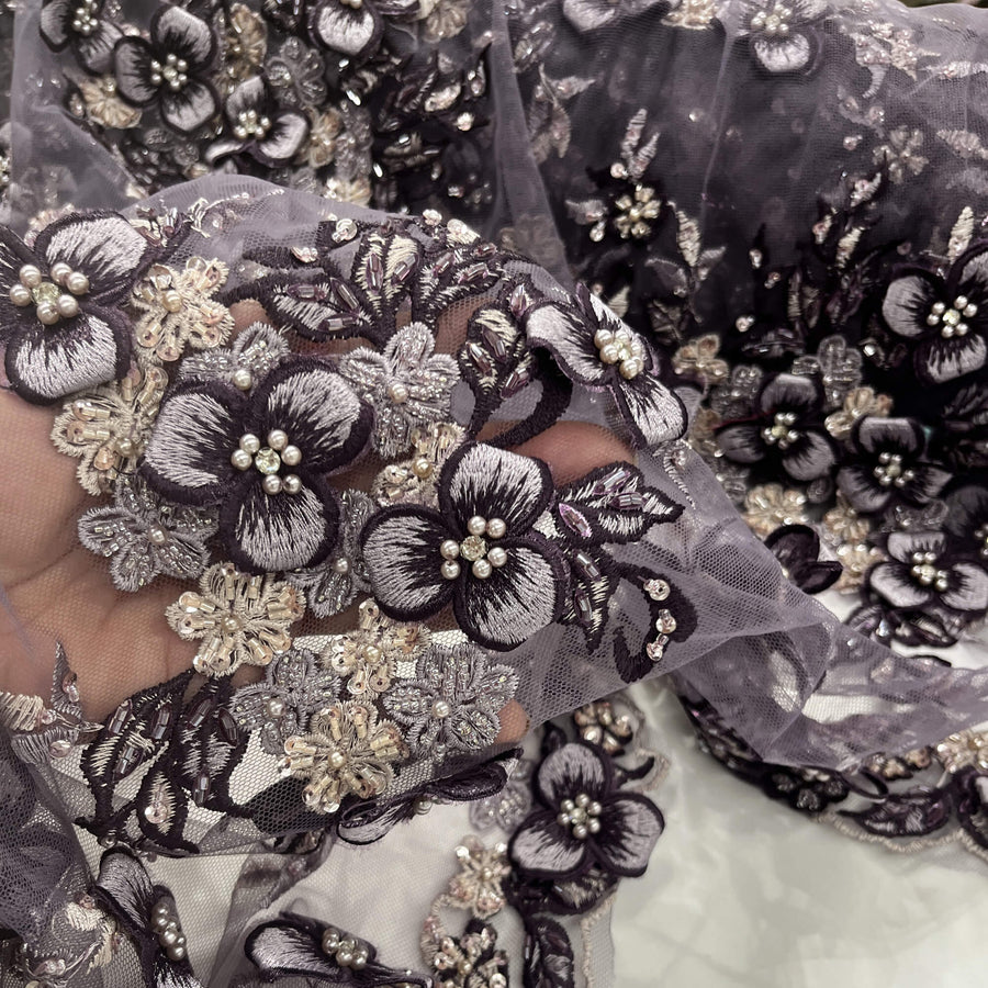 1 Yard 3D Beaded Floral Lace Fabric with Rhinestones – Embroidered Mesh with Scalloped Edges