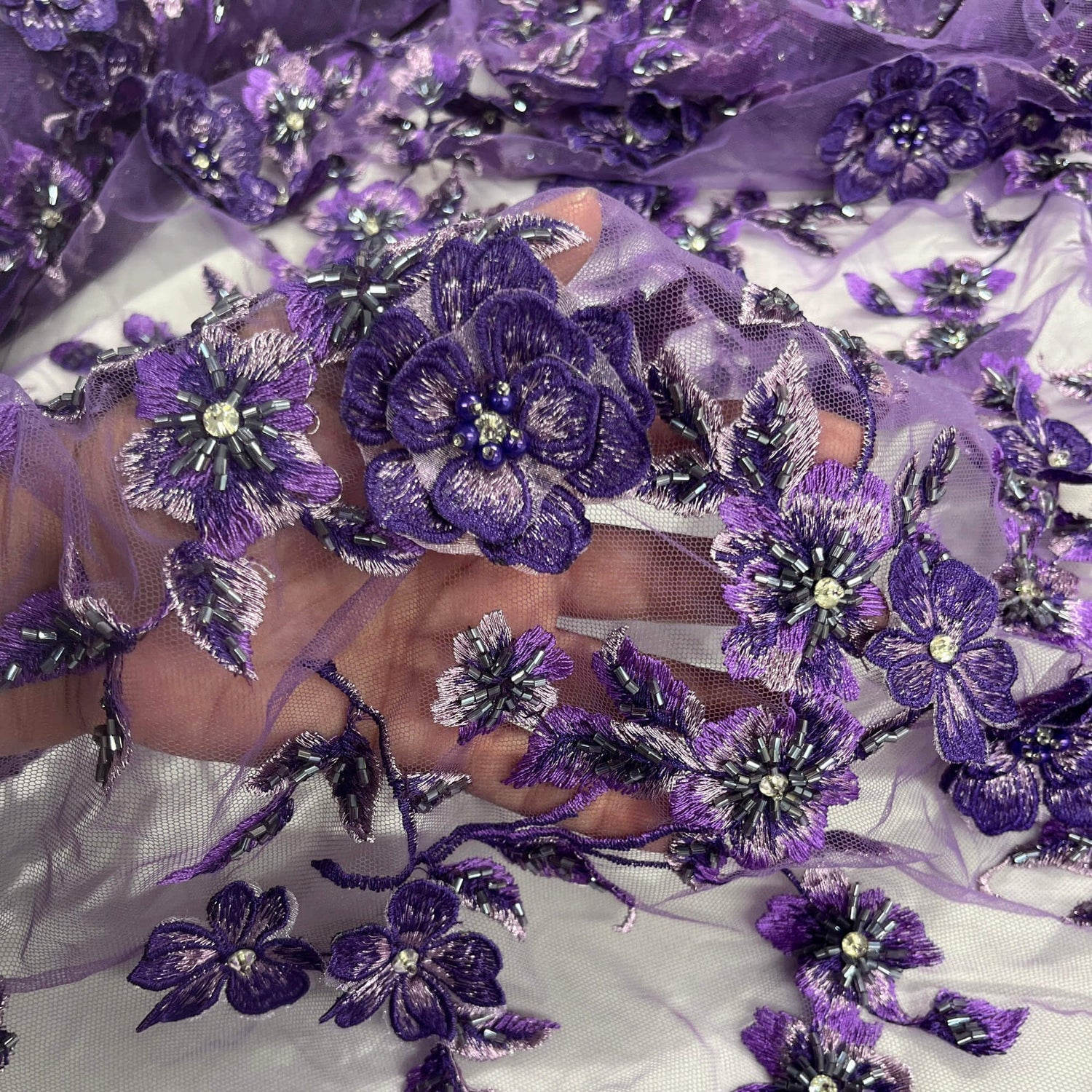 1 Yard 3D Beaded Floral Lace Fabric, Embroidered Mesh with Rhinestones & Scalloped Edges