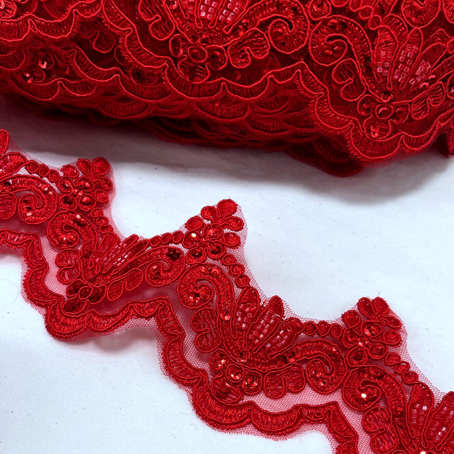 Beaded Corded Lace Trim on Polyester Net Mesh 3" Wide