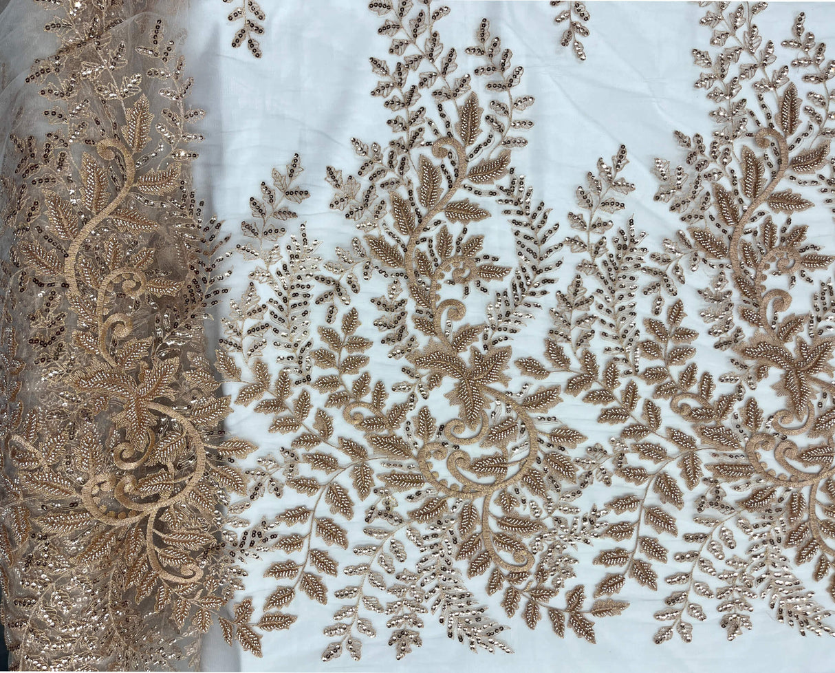 Beaded Sequined Lace Fabric on Polyester Net Mesh