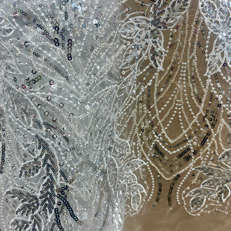 Beaded Sequined Lace Fabric Leaf Vine