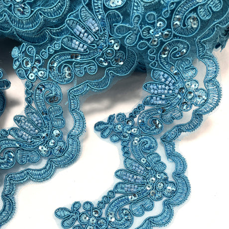 Beaded Corded Lace Trim on Polyester Net Mesh 3" Wide