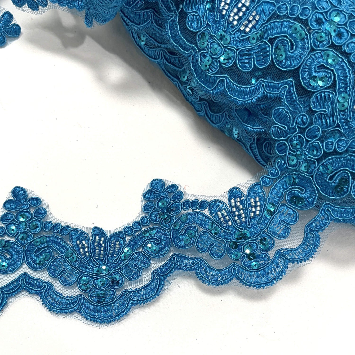 Beaded Corded Lace Trim on Polyester Net Mesh 3" Wide