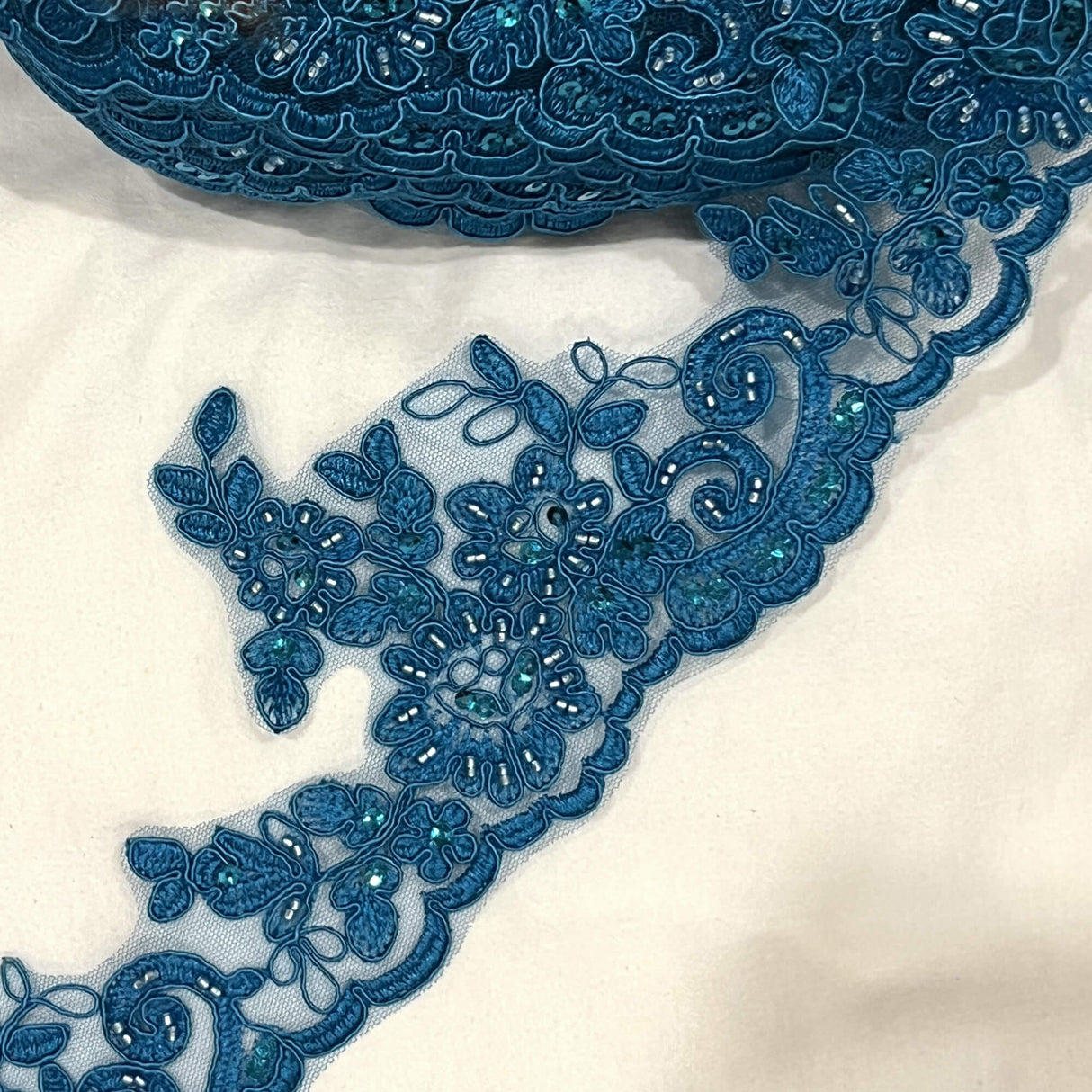 Beaded Corded Lace Trim on Polyester Net Mesh
