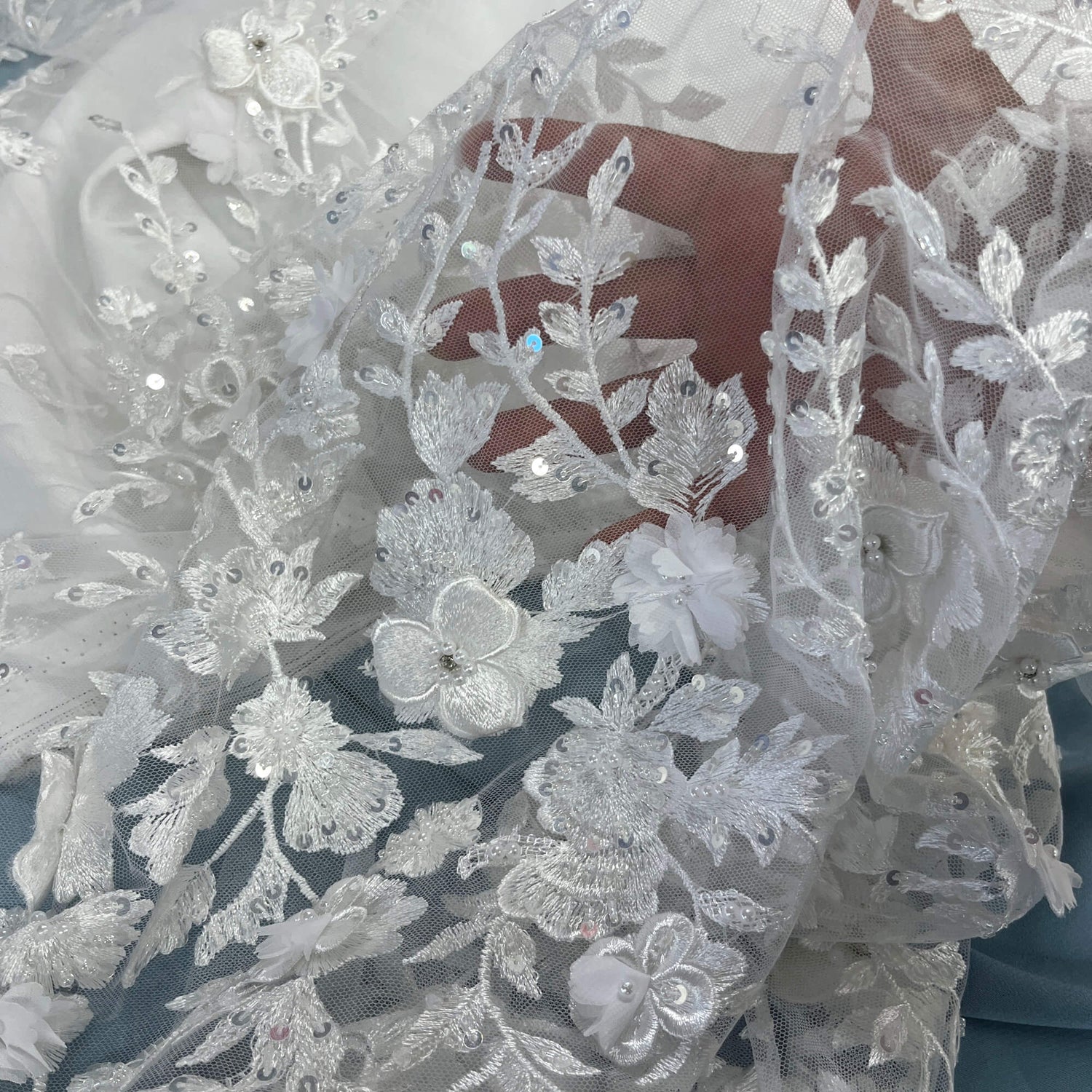 Beaded 3D Floral Lace Fabric Off White