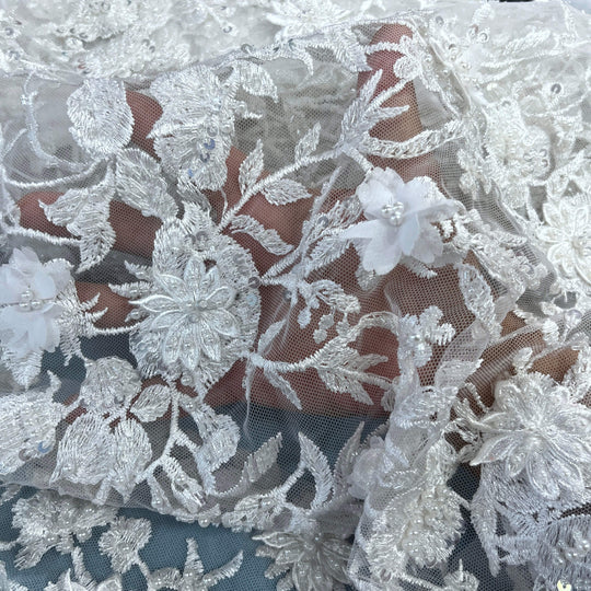 1 Yard Beaded 3D Floral Lace Fabric Rhinestone Embroidered 100 Percent Polyester Net Mesh 51 inch Width