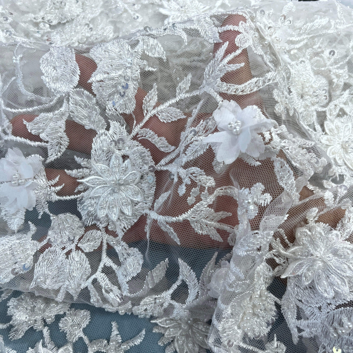 Beaded 3D Floral Lace Fabric