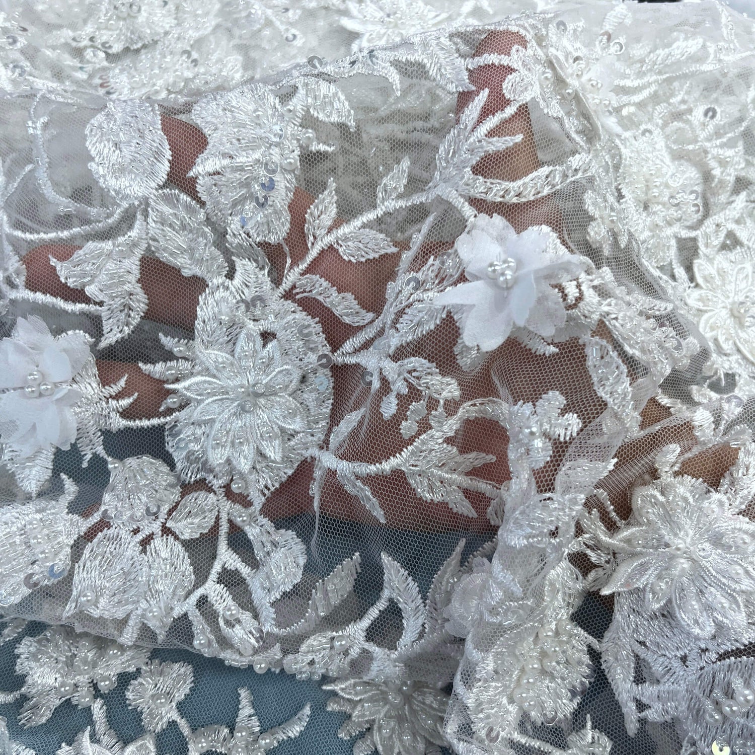 Beaded 3D Floral Lace Fabric