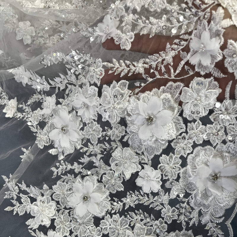 1 Yard Beaded 3D Floral Lace Fabric Embroidered on 100% Polyester Net Mesh