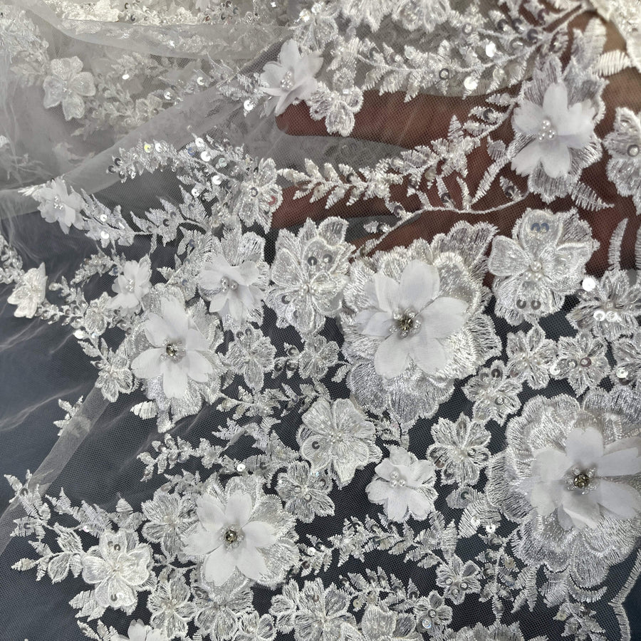 1 Yard Beaded 3D Floral Lace Fabric Embroidered on 100% Polyester Net Mesh | Lace USA - GD-2880 - Off White, White, Ivory, Blush, Champagne, Navy, Black, Red, and Silver