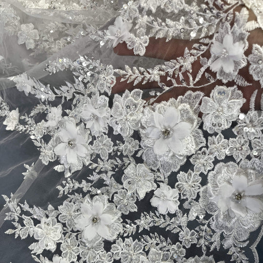 1 Yard Beaded 3D Floral Lace Fabric Embroidered 100 Percent Polyester Net Mesh 51 inch Width