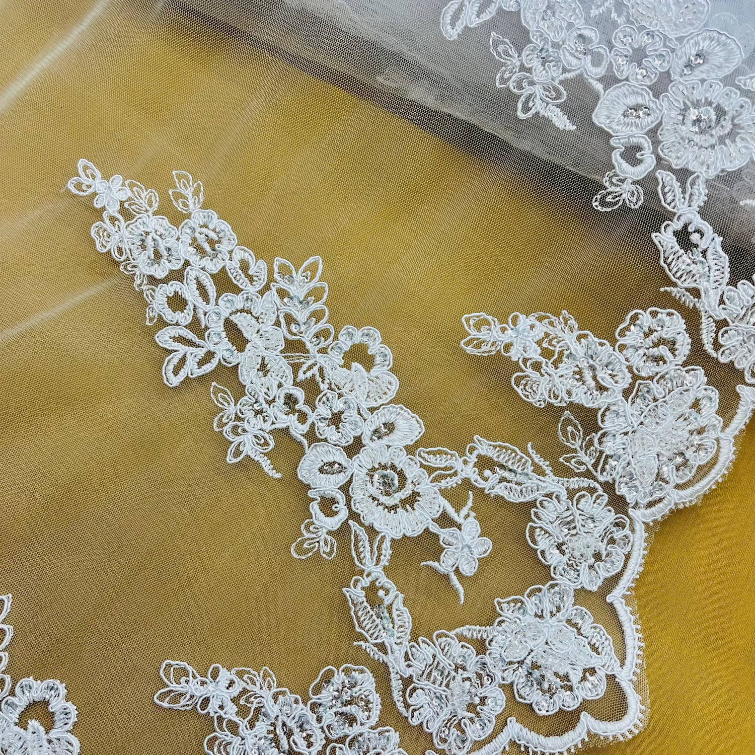 Beaded Corded Floral Bridal Lace Fabric - White, Scalloped Border, 54" Width (1 Yard)
