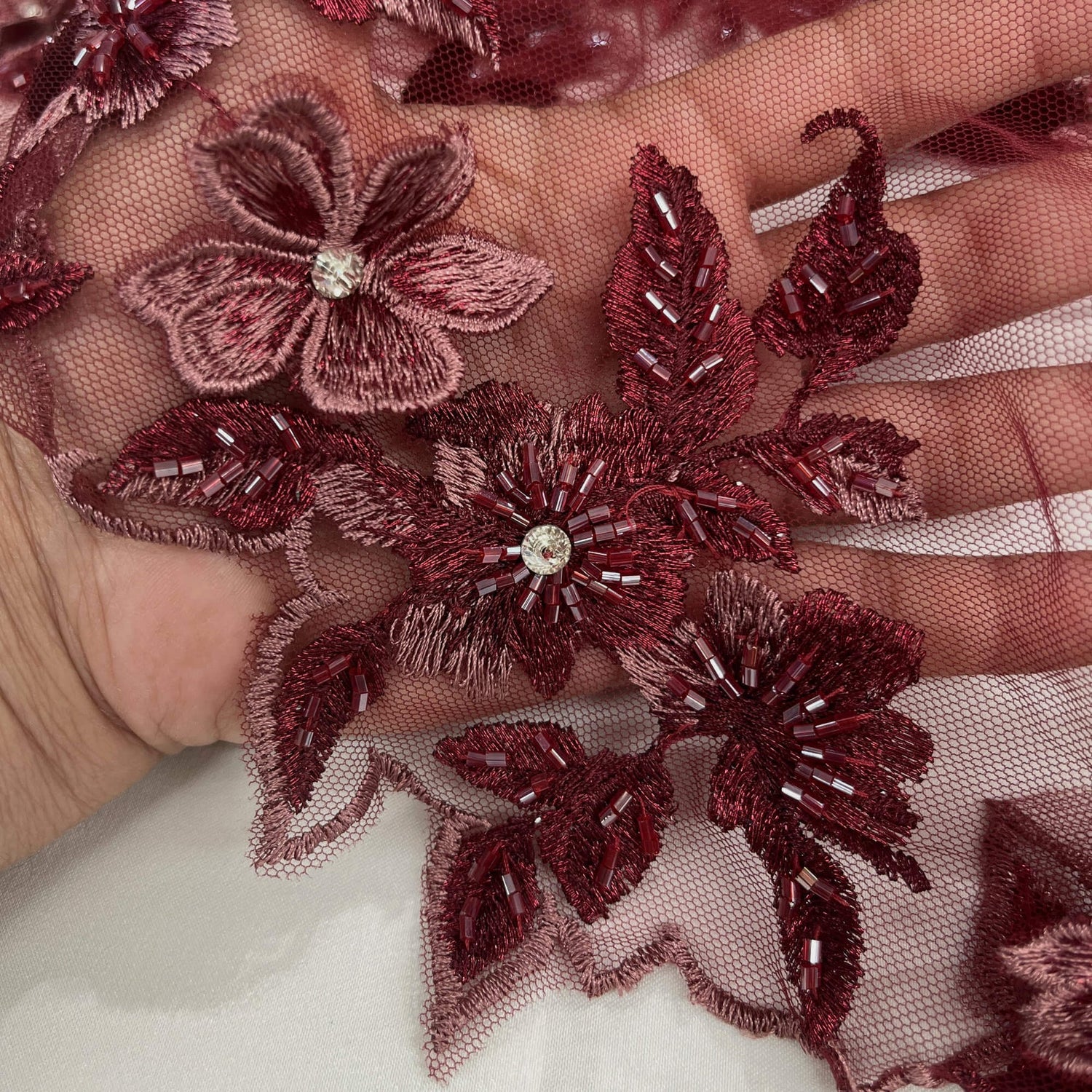 1 Yard 3D Beaded Floral Lace Fabric, Embroidered Mesh with Rhinestones & Scalloped Edges