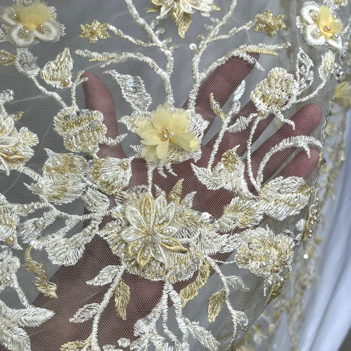Beaded 3D Floral Lace Fabric
