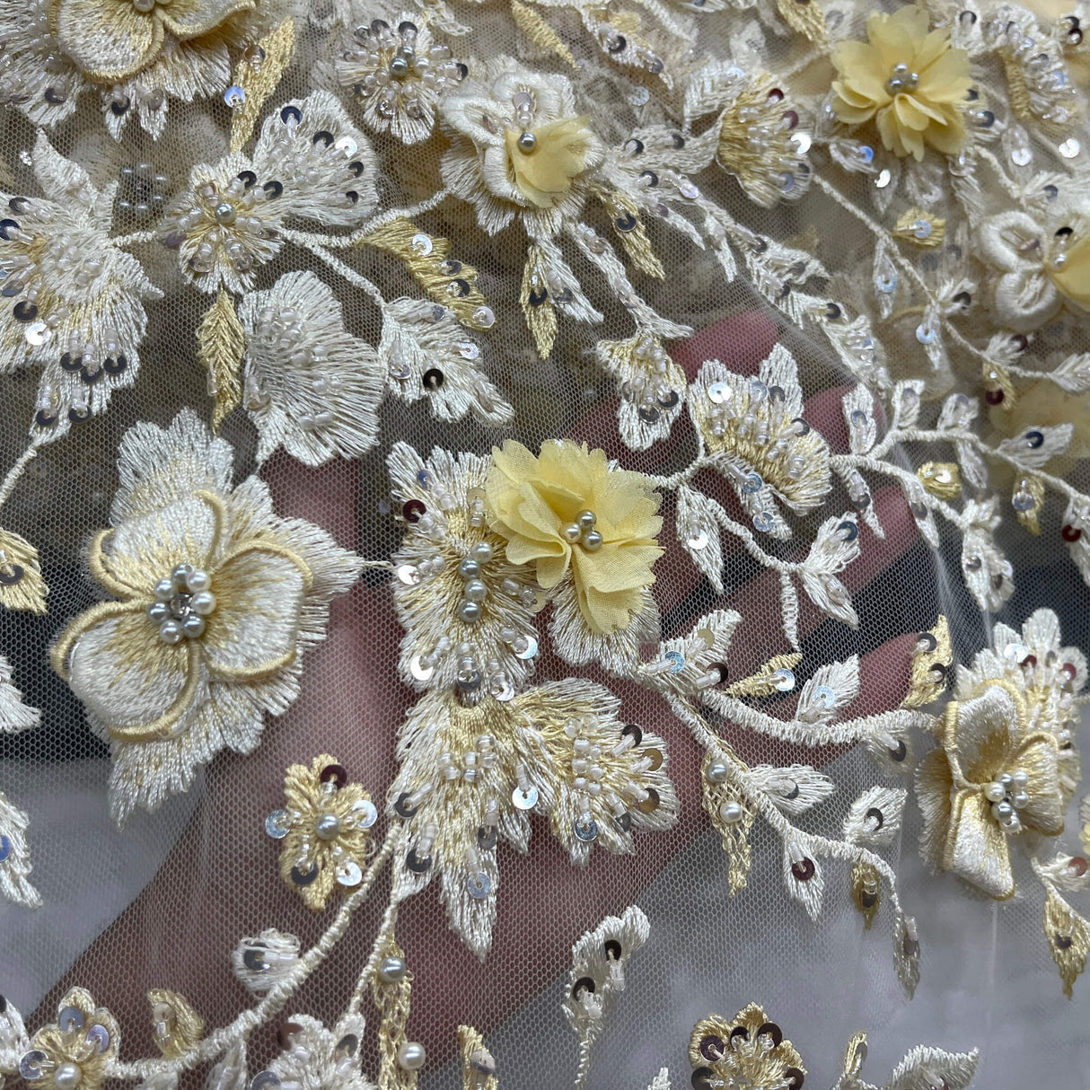 Beaded 3D Floral Lace Fabric Off White