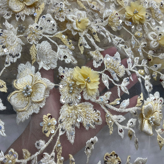 1 Yard Beaded Lace Fabric Embroidered 100 Percent Polyester Net Mesh 50 inch Width