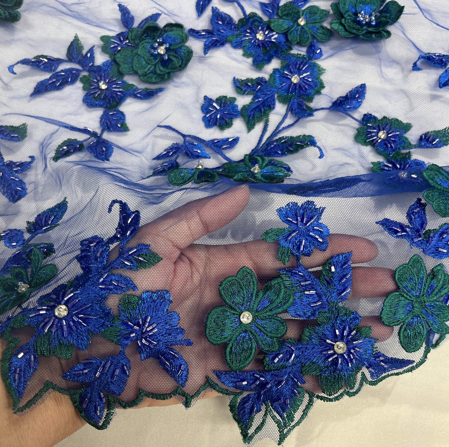 1 Yard 3D Beaded Floral Lace Fabric, Embroidered Mesh with Rhinestones & Scalloped Edges