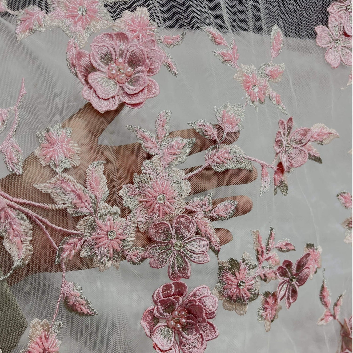 1 Yard 3D Beaded Floral Lace Fabric, Embroidered Mesh with Rhinestones & Scalloped Edges