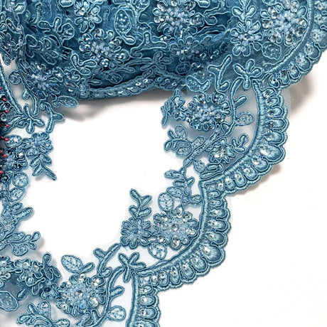 Beaded Corded Floral Lace Trim 4" Wide