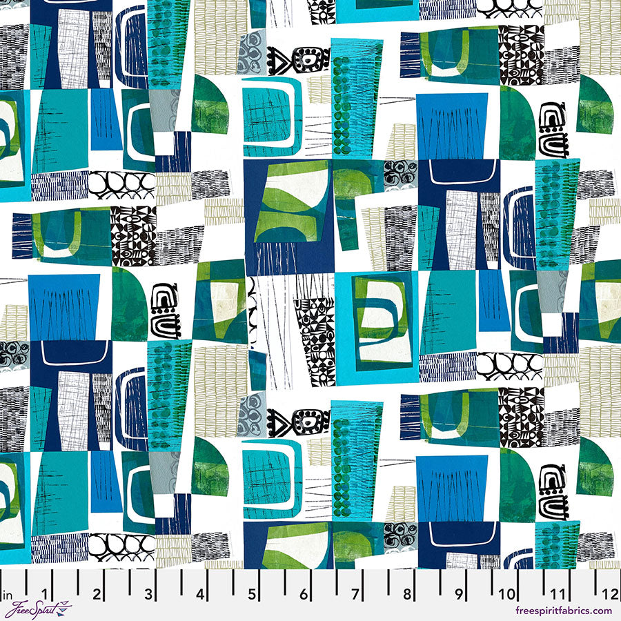 Cotton Print Collage Sea Blue Fabric 44/45"