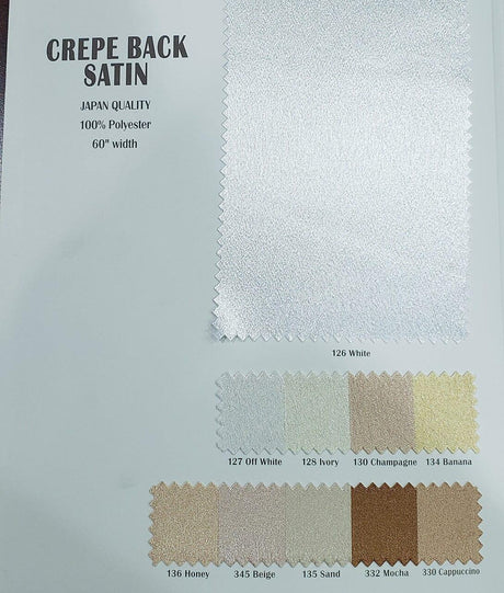 Superior Quality Crepe Back Satin Fabric - Multiple Colors, 58/60" Width (1 Yard)