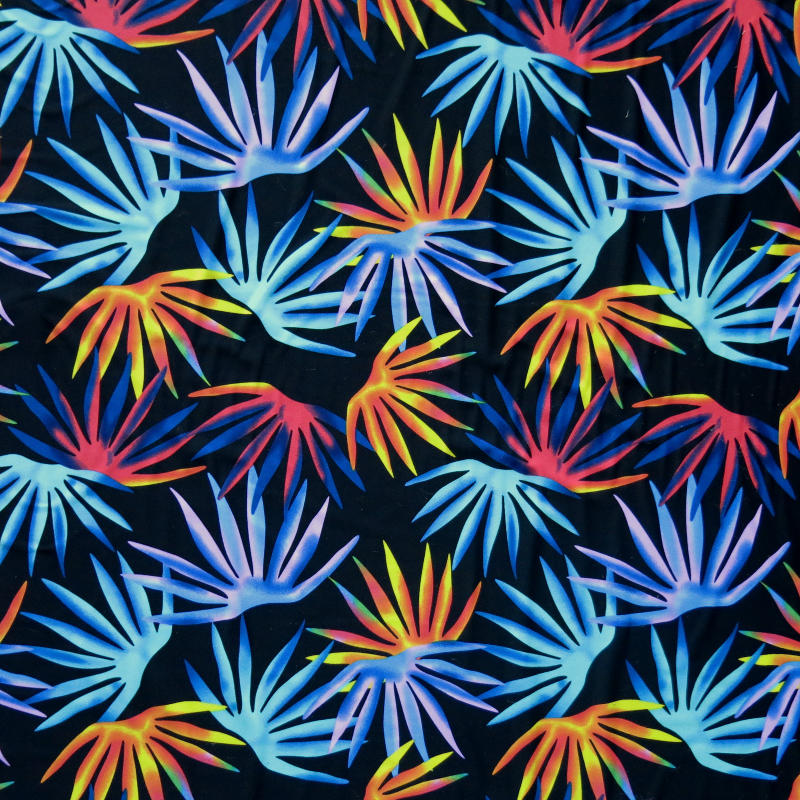 Swim Knit Colorful Palm Fronds on Black Nylon Spandex 31" Remnant