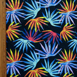 Swim Knit Colorful Palm Fronds on Black Nylon Spandex 31" Remnant