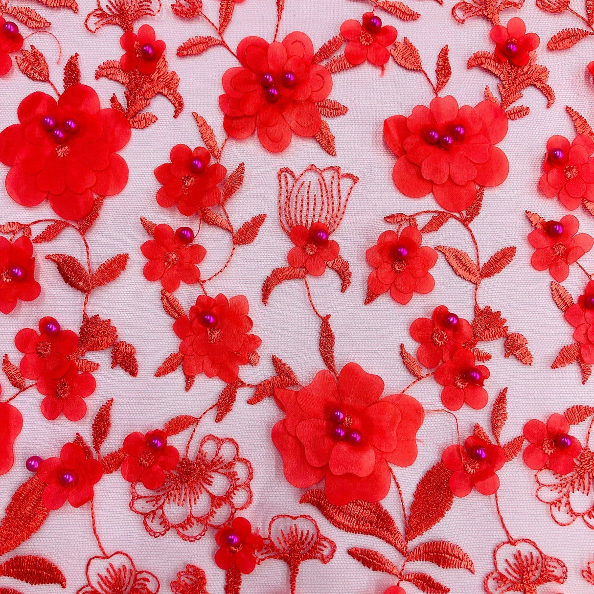 Beaded 3D Floral Lace Fabric - 100 Percent Polyester Lace Fabric, 3D Floral Embroidery, 49" Width, 9 Colors (1 Yard)
