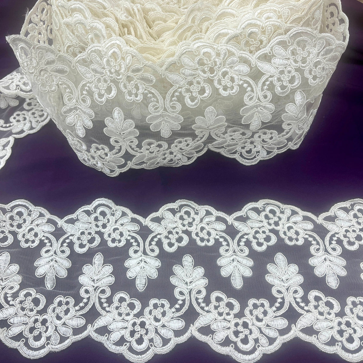 Corded Floral Lace Trim Ivory 6 Inch