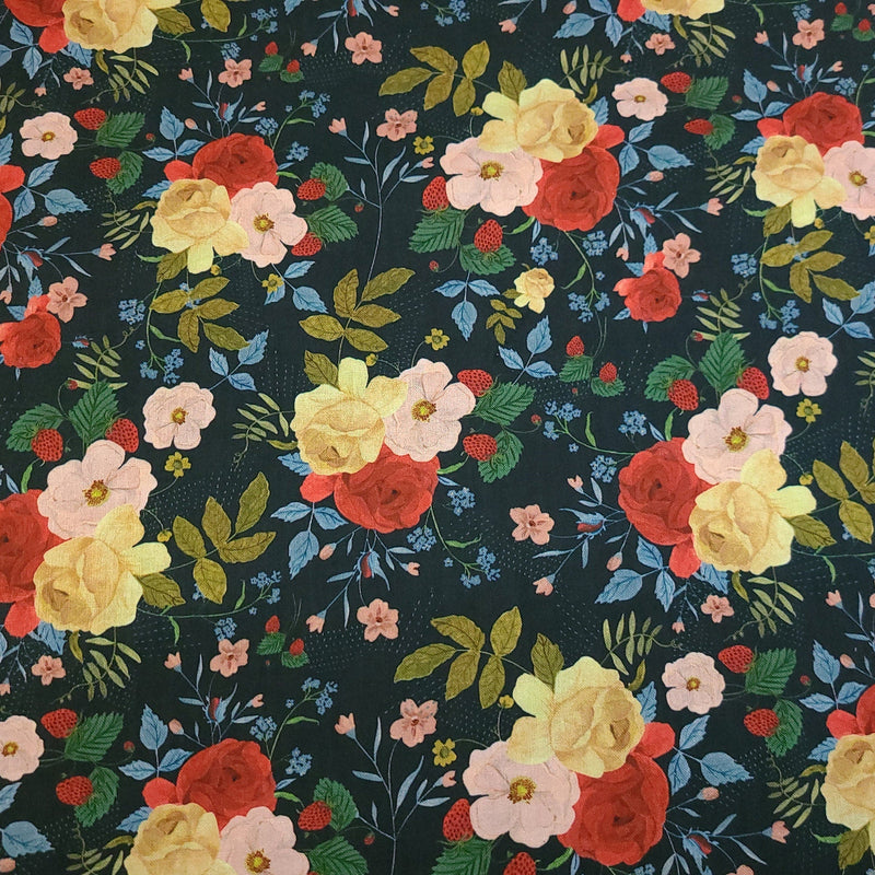 Quilting Cotton Country Cottage Large Florals on Navy Timeless Treasures