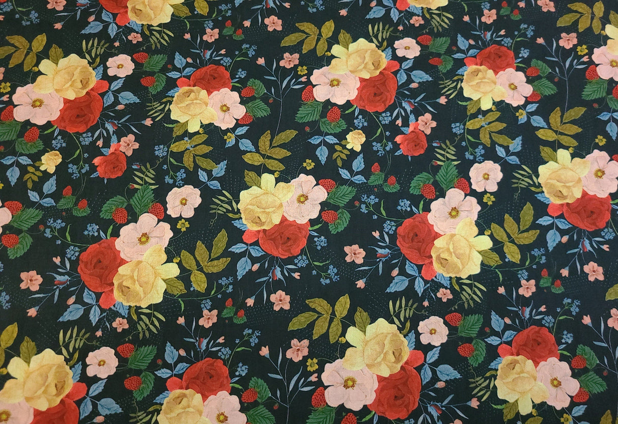Quilting Cotton Country Cottage Large Florals on Navy Timeless Treasures