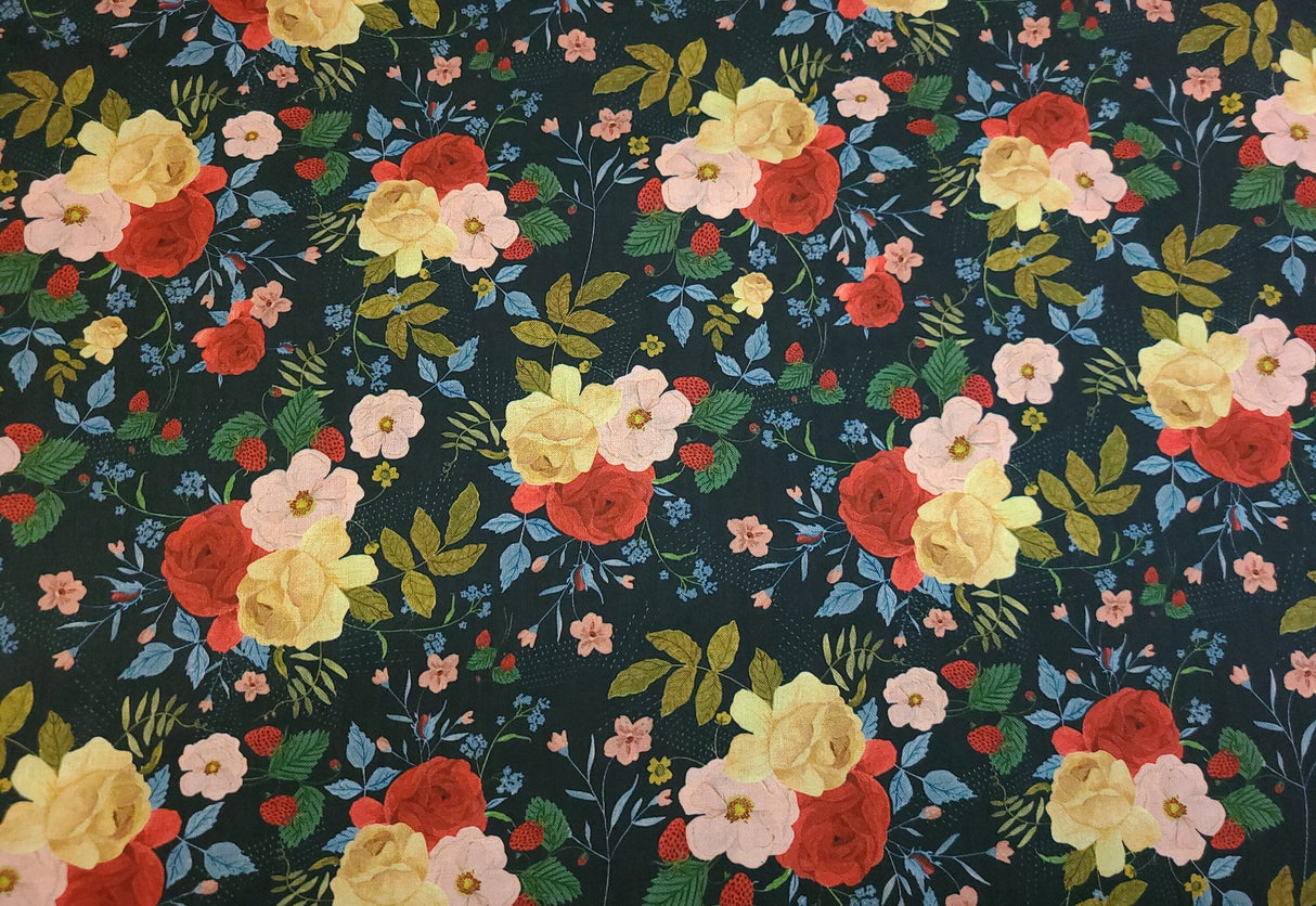 Quilting Cotton Country Cottage Large Florals on Navy Timeless Treasures