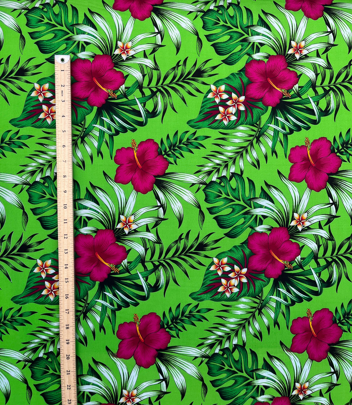 Hibiscus Plumeria Tropical Leaves All Over Design Cotton Fabric - Black/Red, Black/Fuchisa, Blue, Green, Turquoise, 36" X 45" (1 Yard)