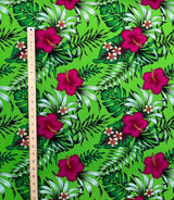 Hibiscus Plumeria Tropical Leaves All Over Design Cotton Fabric - Black/Red, Black/Fuchisa, Blue, Green, Turquoise, 36" X 45" (1 Yard)