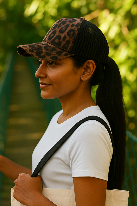 Criss-Cross Cap - Cheetah, Adjustable Strap, Criss-Cross Ponytail Slot (1 Cap)