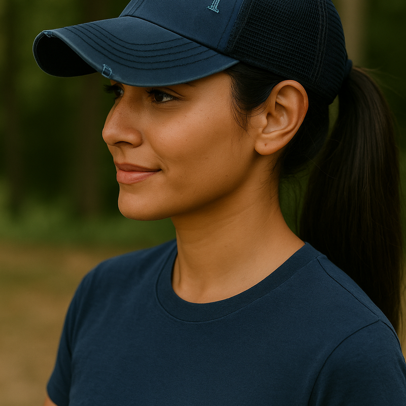 Criss-Cross Cap - Navy Fabric - Navy, Criss-Cross Ponytail Slot, Adjustable Strap (1 Unit)