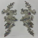Crystal Rhinestone Applique 100 Percent Polyester Lace Fabric - Floral Beaded Corded Embroidered, 12" X 5" Each Side (1 Pair)