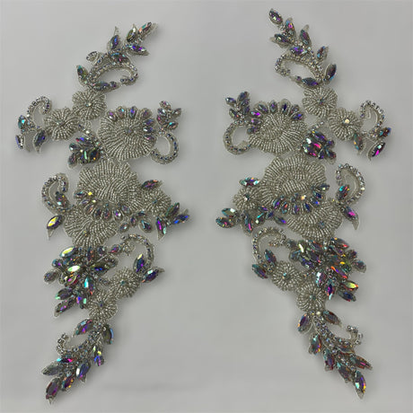 Crystal Rhinestone Applique 100 Percent Polyester Lace Fabric - Floral Beaded Corded Embroidered, 12" X 5" Each Side (1 Pair)